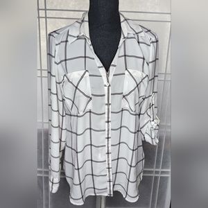 Express Portofino Blouse - Off-White with Burgundy and Black Thin Plaid